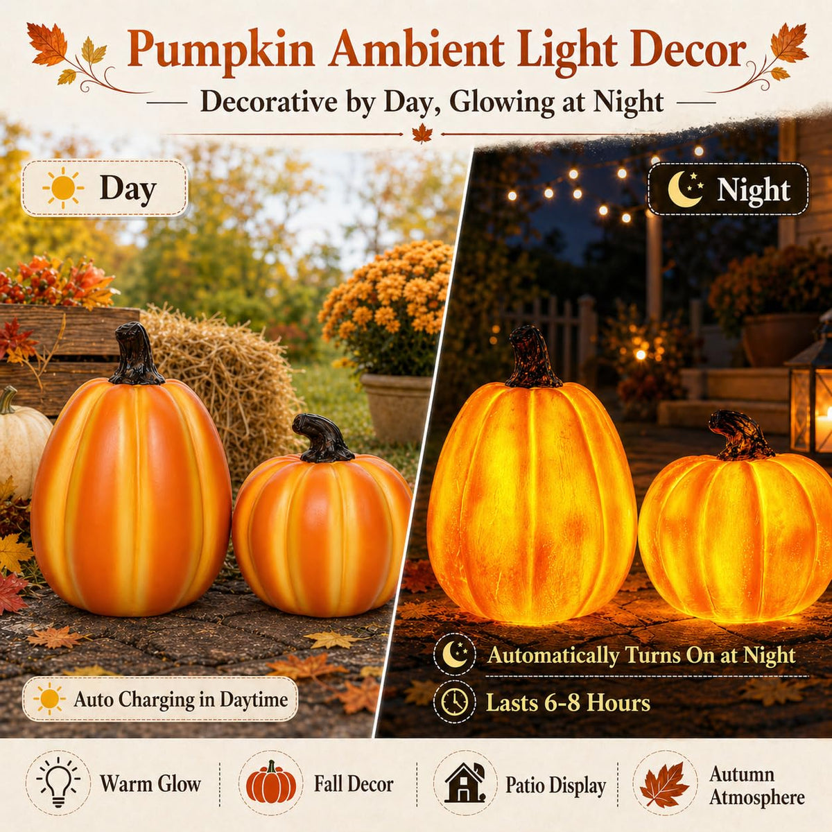 Solar Lighted Pumpkin Decor Outdoor Fall Porch Decorations for Halloween Thanksgiving Outdoor Pumpkin Lights LED Glowing Resin Pumpkins Set of 2 for Porch Patio Yard Garden Tabletop