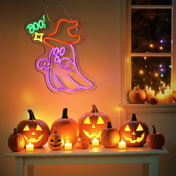 Halloween Ghost Neon Sign for Wall Window Decor, BOO Neon Signs for Halloween Party Decorations, USB Powered Little Ghost LED Lamp for Bedroom Club Bar