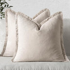 MIULEE Christmas Decorative Throw Pillow Covers Neutral Linen Fringe Throw Pillows Set of 2 Natural Beige Boho Farmhouse Cushion Covers with Tassels for Couch Sofa Bed Living Room Decor 18x18 Inch