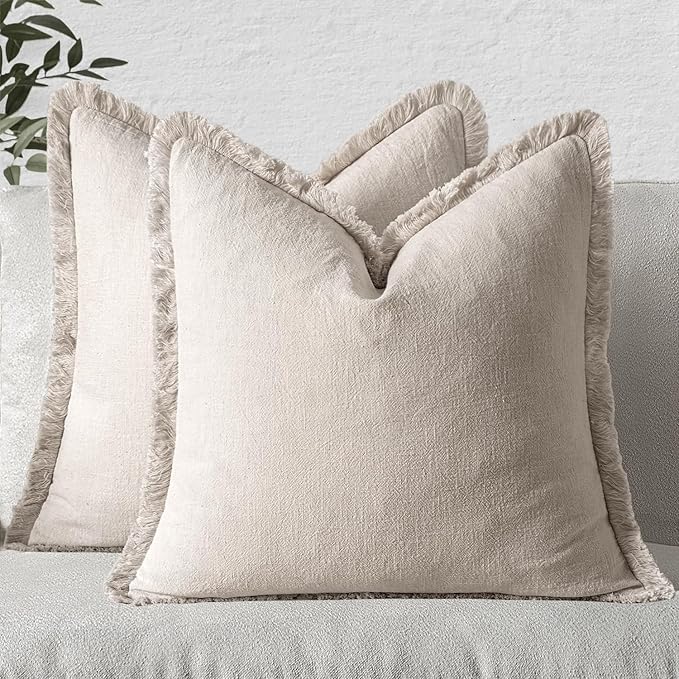 MIULEE Christmas Decorative Throw Pillow Covers Neutral Linen Fringe Throw Pillows Euro Shams Set of 2 Natural Beige Boho Farmhouse Cushion Covers for Couch Sofa Bed Living Room Home Decor 26x26 Inch