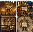 Lighted Christmas Wreath for Front Door with Metal Hanger 16'' Artificial Norfolk Wreath with Velvet Bow LED Lights Jingle Bells Pinecone Berries Christmas Holiday Winter Decor(Black)