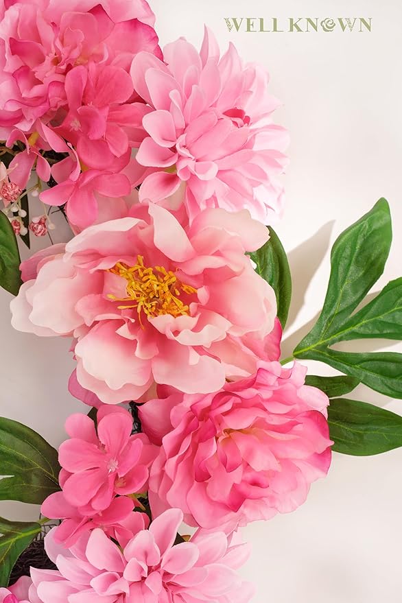 WELL KNOWN Silk Peony Wreaths for Front Door, Artificial Flower Wreath for Seasonal Decor, Indoor Wall Window for Home Decor, Shops Farmhouse Wedding Party Thanksgiving Christmas (Pink)