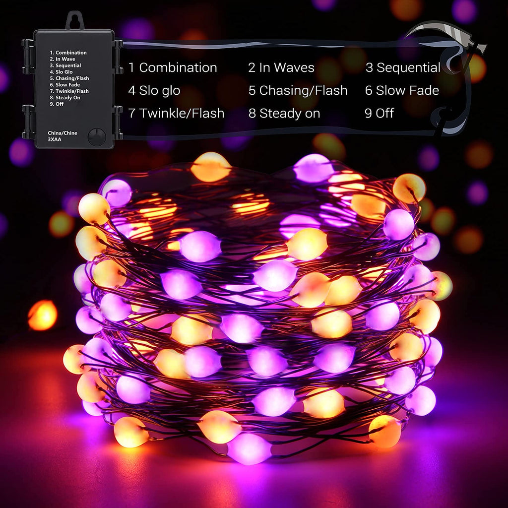 Lomotech Orange Purple Halloween Lights, 2 Pack 16.4ft 50 LED Battery Operated Halloween Fairy Lights with Timer Function, 8 Modes Waterproof Twinkle Lights for Halloween Decorations (Black Wire)