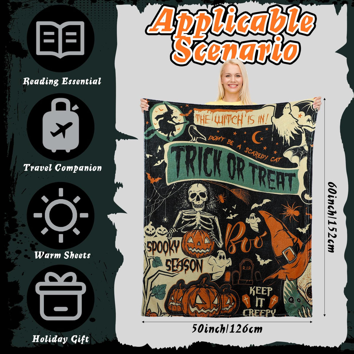 Breling Halloween Throw Flannel Blanket Ghost Skeleton Cozy Fuzzy Warm Throw Blanket Vintage Scary Halloween Themed Print for Winter Couch Sofa Bed Home Decor 60"x50"