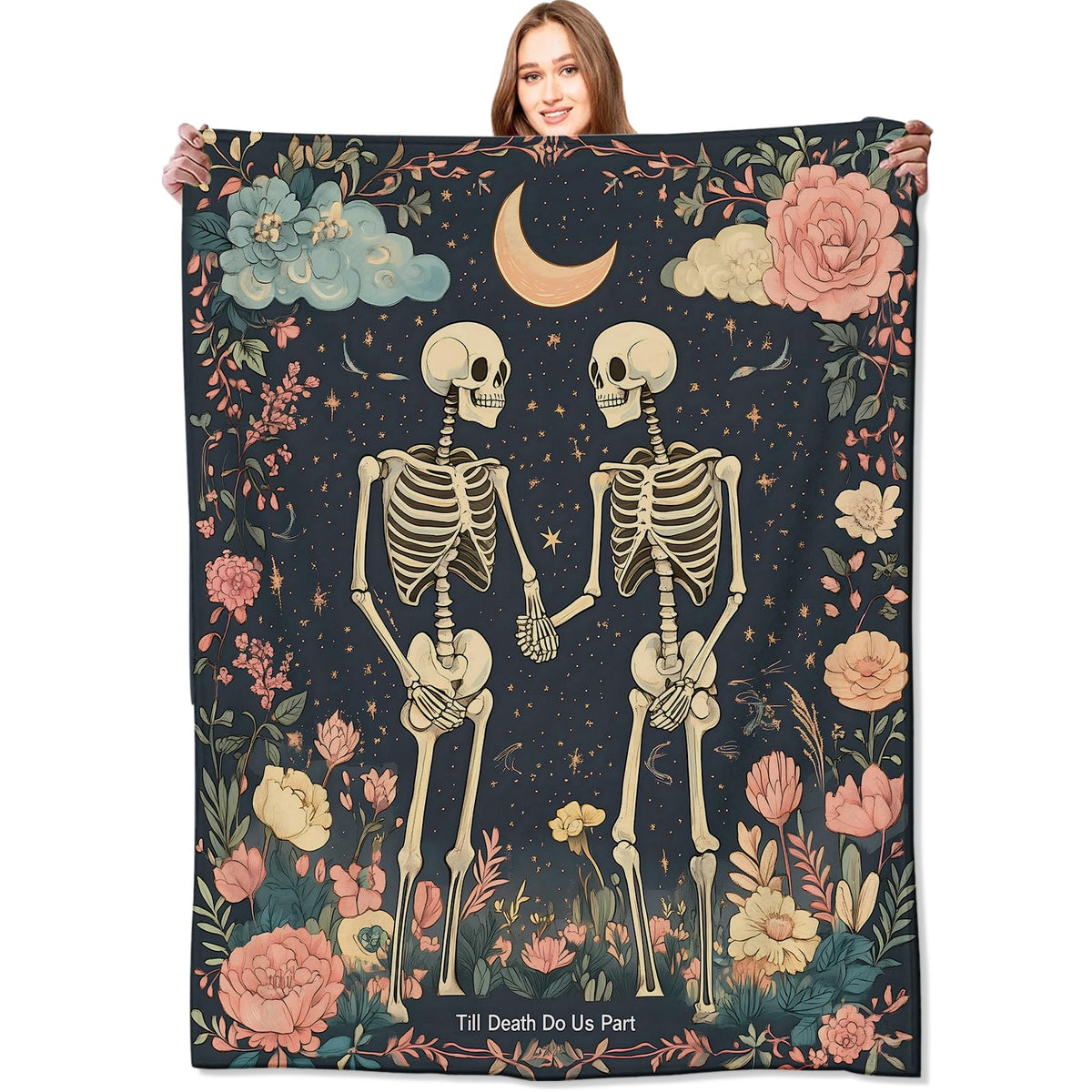 VODRM Gothic Skull Blanket Skeleton Romantic Throw Blankets with Flowers & Crescent Moon,Birthday Gifts for Kids Adult,Lightweight Soft Fleece,for Sofa Couch Bed Room Goth Halloween Decor 50x60in