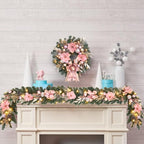 22inch Christmas Pink Wreath for Front Door with 25 LED Lights w/Timer,Elegant Magnolia Christmas Door Wreath,Lighted Festive Winter Decor,Pink Decorations for Wedding