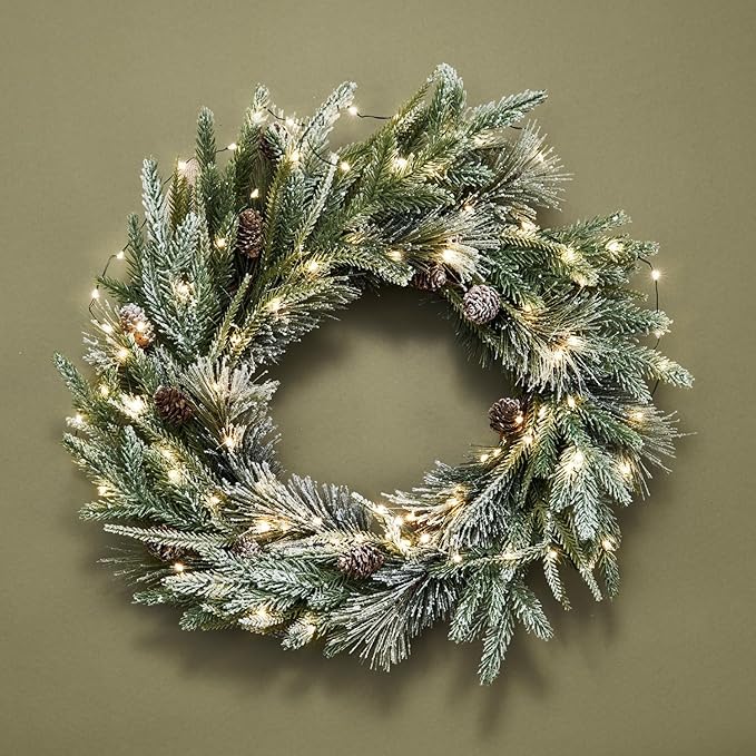 LampLust Cypress Christmas Wreath with Lights, 22 Inch Wreath with 100 Battery Operated LED Lights and Velvet Bow, Winter Wreaths for Front Door Christmas Decorations Holiday Decor
