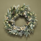 LampLust Cypress Christmas Wreath with Lights, 22 Inch Wreath with 100 Battery Operated LED Lights and Velvet Bow, Winter Wreaths for Front Door Christmas Decorations Holiday Decor