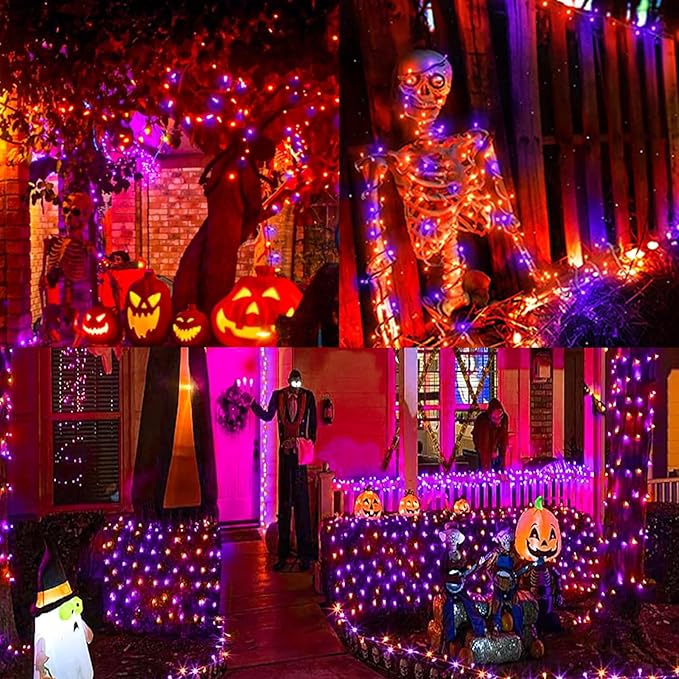 LAMPHOME 33ft Halloween Decorative Mini Lights, 100 LED Transparent Wire Fairy Starry String Lights Plug in, 12 Lighting Modes, for Halloween Decoration Outdoor Party Decoration (Orange and Purple)