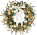 24 inch Christmas Door Wreath, Large Pine Wreaths for Front Door with Champagne Bow Golden Ball Glittered Leaf Spray Stems Pinecones for Fireplace Xmas Decorations, Wall Window Indoor Outdoor Decor