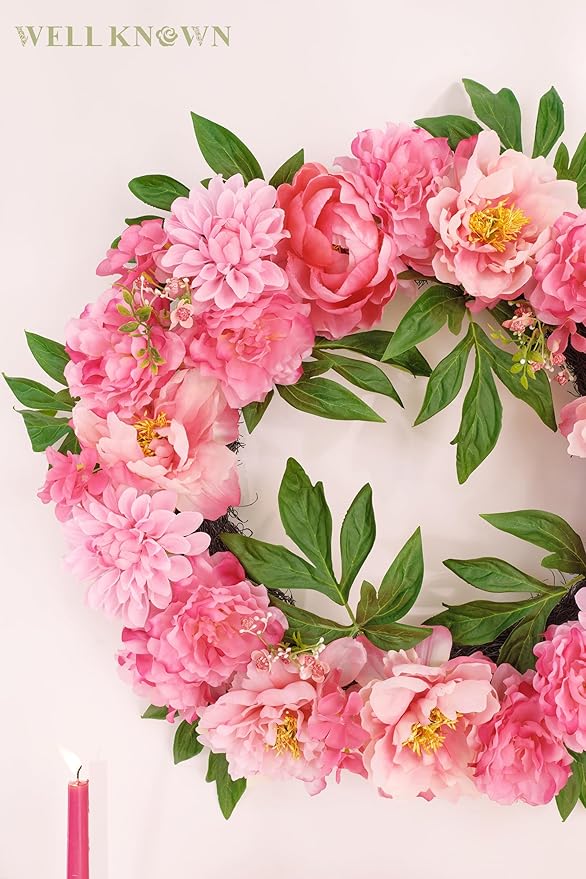 WELL KNOWN Silk Peony Wreaths for Front Door, Artificial Flower Wreath for Seasonal Decor, Indoor Wall Window for Home Decor, Shops Farmhouse Wedding Party Thanksgiving Christmas (Pink)