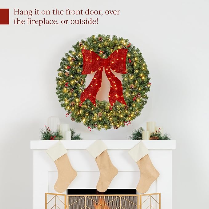 Best Choice Products 30in Pre-Lit Christmas Wreath w/Berries & Pinecones, Large Artificial Indoor/Outdoor Decor for Door, Mantel w/Red Bow, Plug-in