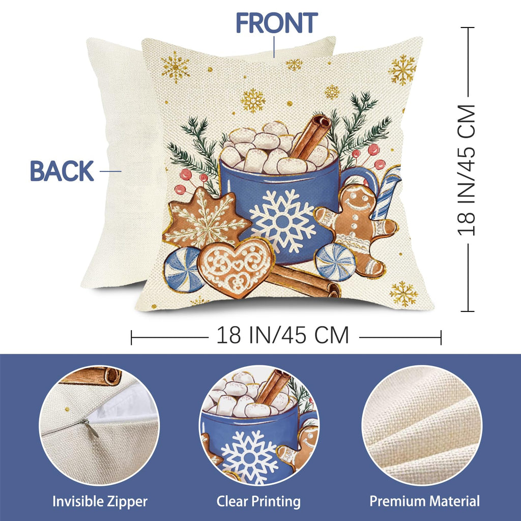 Fjfz Hello Winter Dark Blue Decorative Throw Pillow Covers 18 x 18 Set of 4, Christmas Get Cozy Hot Cocoa Gingerbread Man Porch Outdoor Home Decor, Snowflakes Snowman Seasonal Couch Cushion Case