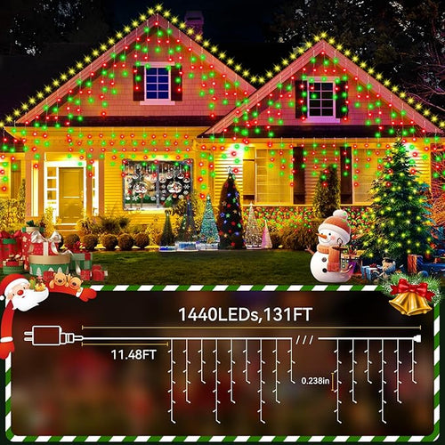 131FT 1440LED Christmas Lights Outdoor Waterproof Curtain Lights with 8 Modes Timer Hanging Fairy Lights Plug in String Lights for Holiday Wedding Party Decoration(Red and Green)