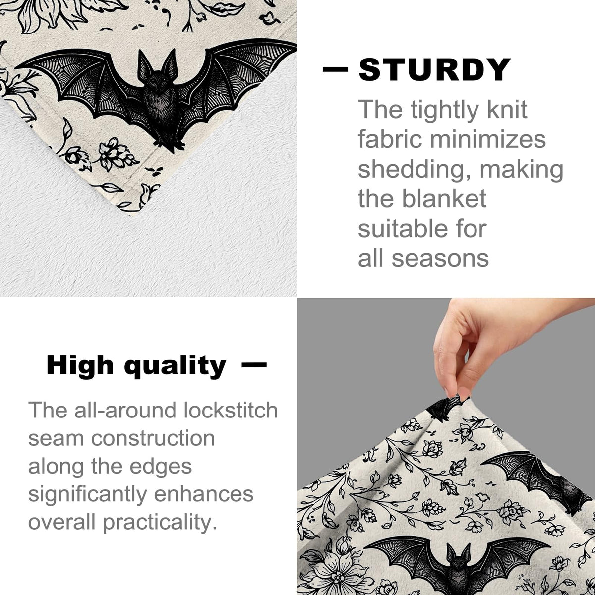 cromcu Bat Blanket Soft Lightweight, Gothic Floral Bat Pattern Flannel Throw Blankets for Bed Sofa Office RV Travel Bathroom Home Vintage Black and White Halloween Decor, Goth Lovers Gifts 60"X50"