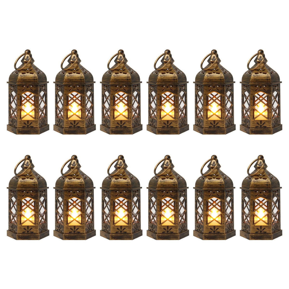LLQ Mini Lantern with LED Candle, 12PCS Small Lanterns Decorative Indoor, Vintage Moroccan Lights for Halloween Decorations, Hanging Ornaments for Christmas, Table Centerpiece, Boho Wedding Decor