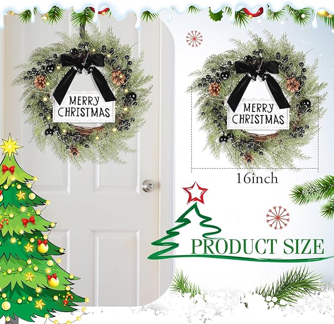Lighted Christmas Wreath for Front Door with Metal Hanger 16'' Artificial Norfolk Wreath with Velvet Bow LED Lights Jingle Bells Pinecone Berries Christmas Holiday Winter Decor(Black)