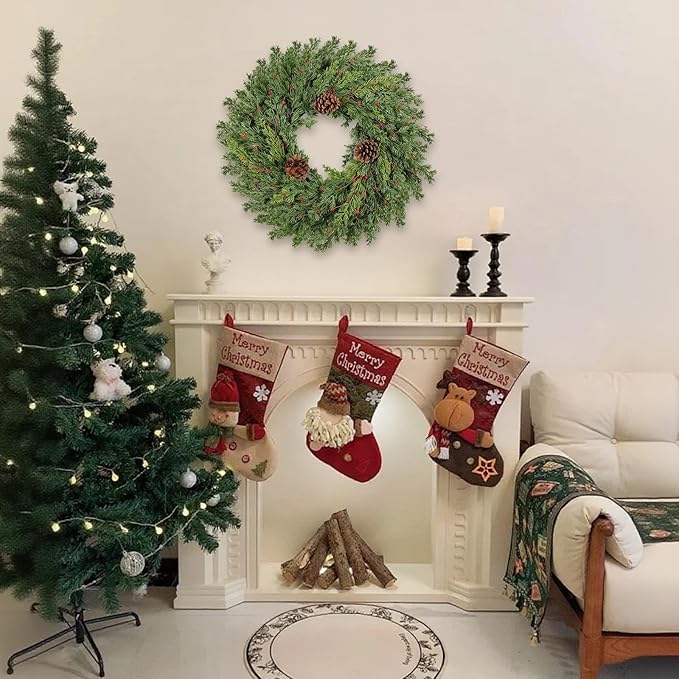 2PC Real Touch Pine Christmas Wreath 24 Inch Christmas Wreaths for Front Door Winter Wreath Artificial Green Wreaths Outdoor Christmas Decorations Indoor Outside Window Home Holiday Thanksgiving