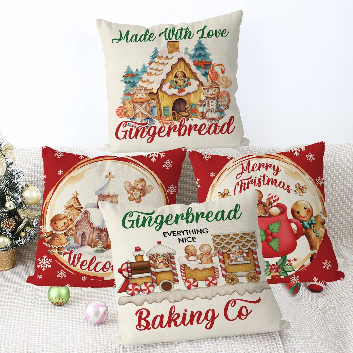 GAGEC Christmas Pillow Covers 16x16 Inch Vintage Gingerbread Red Throw Pillow Covers Christmas Xmas Winter Pillowcase Home Decor Living Room House Decorative Cushion Case for Sofa Couch