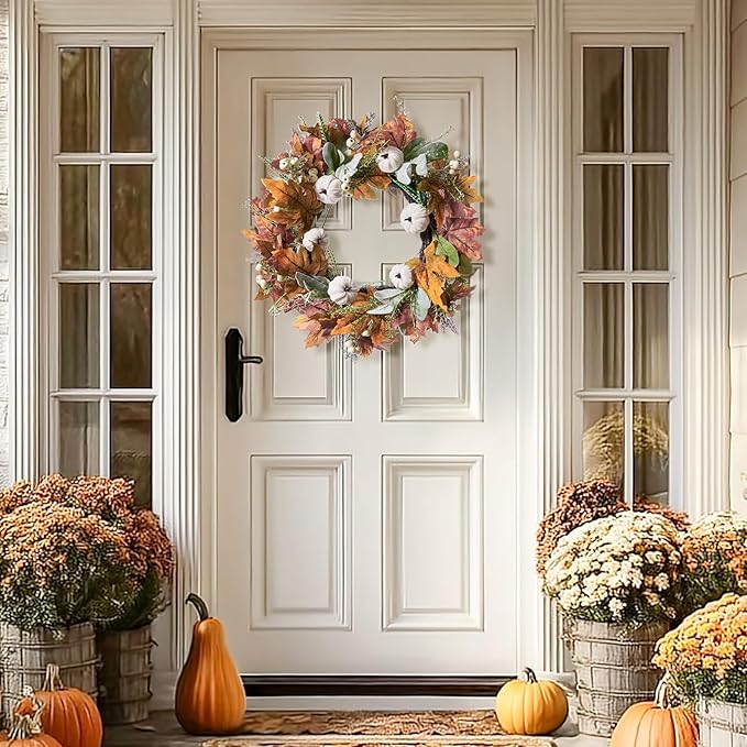 DN DECONATION 24“ Fall Wreaths for Front Door Decor, Autumn Harvest Wreaths for Porch Door Outdoor, Fall Wreath Decorations for Home Outside Thanksgiving, White Pumpkins Wreath