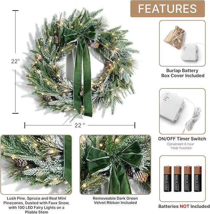 LampLust Cypress Christmas Wreath with Lights, 22 Inch Wreath with 100 Battery Operated LED Lights and Velvet Bow, Winter Wreaths for Front Door Christmas Decorations Holiday Decor