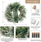 LampLust Cypress Christmas Wreath with Lights, 22 Inch Wreath with 100 Battery Operated LED Lights and Velvet Bow, Winter Wreaths for Front Door Christmas Decorations Holiday Decor