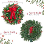 Christmas Wreath for Front Door, 22 Inch Large Outdoor Christmas Wreath, Lighted Xmas Wreath with Red Green Ball Ornaments Velvet Bow and 30 LED Lights for Fireplace Window Holiday Decor