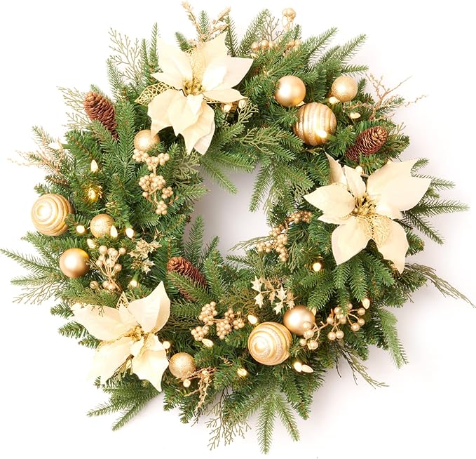 Pre-lit Christmas Wreath with Lights, Pine Cones Gold Balls, Berries and Gold Flowers, 24 Inch 50 Battery Operated LED Lights, Holiday/Decoration/for Front Door/Outdoor