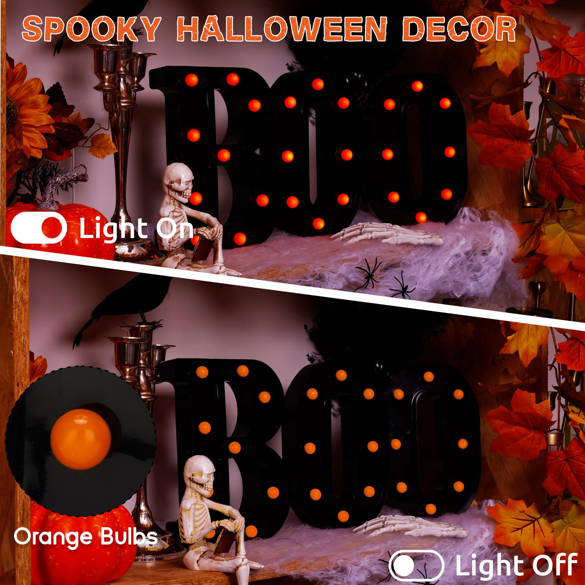 Halloween Decorations Indoor Outdoor - Boo Light Up Letters Sign, Battery Powered Marquee Light Halloween Decor for Fireplace Mantel, Window, Porch, Party Home Decor(Black)