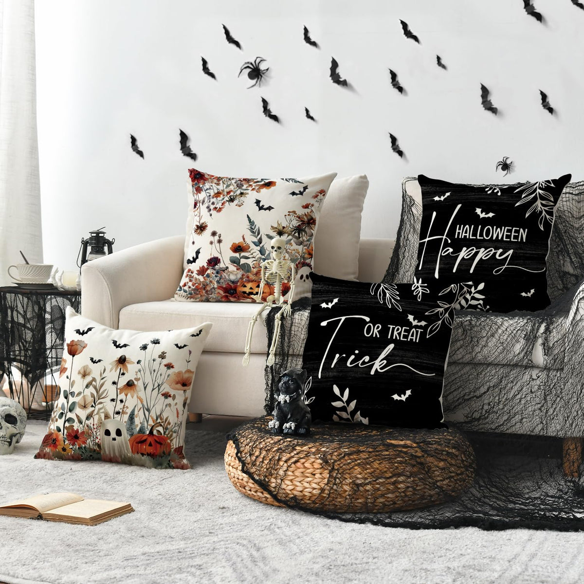 AVOIN colorlife Halloween Horror Wildflowers Ghost Throw Pillow Covers, 18 x 18 Inch Pumpkin Bat Holiday Cushion Case Decoration for Sofa Couch Set of 4