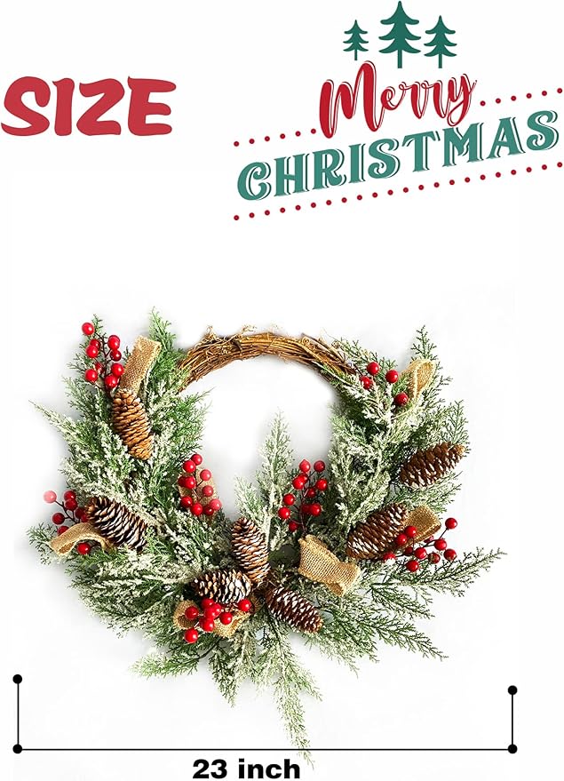 Artificial Christmas Door Wreath, Christmas Wreaths for Front Door, Window Wreaths with Pine Cone, Red Berries, Burlap Ribbon & Snowflake, Holiday Indoor/Outdoor Wreath Decorations, 23 inch