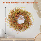 24 Inch Fall Wreath for Front Door Harvest Wreaths with Wheat Leaves and Wheat Ear, Large Autumn Wreath Decor for Farmhouse Wall Window Home Decoration and Halloween Christmas Thanksgiving Celebration
