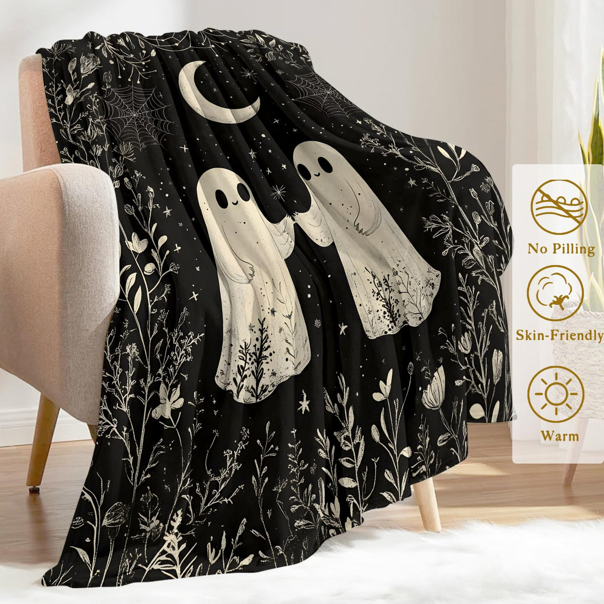 ainori Ghost Flannel Blanket - Lightweight Soft Cozy Gifts Blankets for Halloween Lovers, Kids,Adult,Women,Vintage Spooky Night Moon Art Style Throw,Home Room Modern Whimsical Decor 50x60in