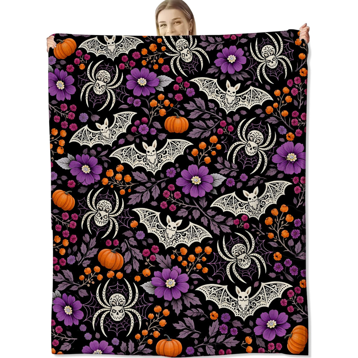 cromcu Halloween Bat Blanket Soft Lightweight, Gothic Spider Pumpkin Floral Flannel Throw Blankets for Bed Sofa Office RV Travel Bathroom Home Spooky Purple Decor, Goth Lovers Gifts 60"X50"