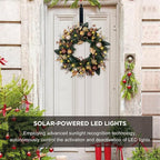 Solar Christmas Wreath 28 Inch Pre-Lit Solar 50 Led Artificial Wreath for Front Door Window Home Decor Decorated with Golden Pine Cones Christmas Balls Glitter Pine Branches(2811)