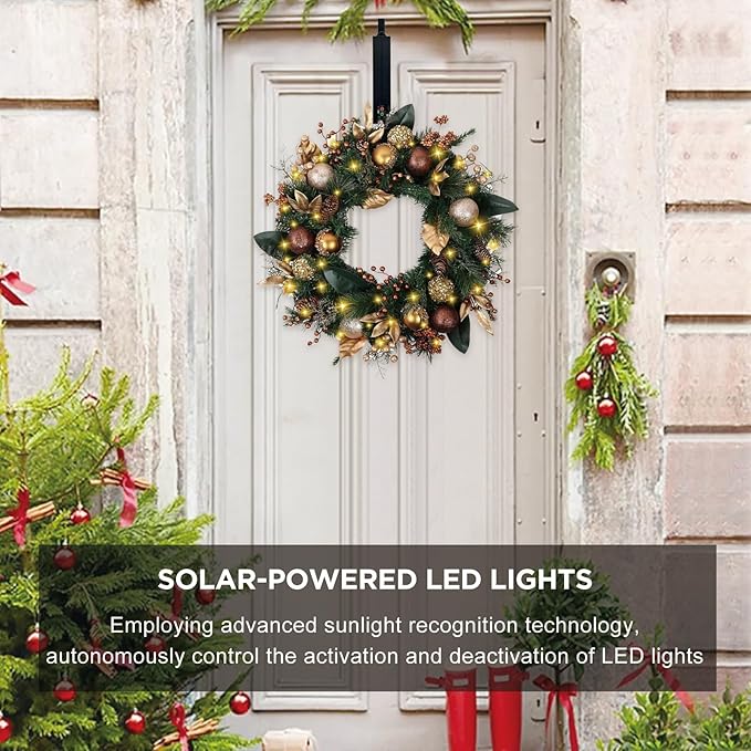 Solar Christmas Wreath 28 Inch Pre-Lit Solar 50 Led Artificial Wreath for Front Door Window Home Decor Decorated with Golden Pine Cones Christmas Balls Glitter Pine Branches(2811)