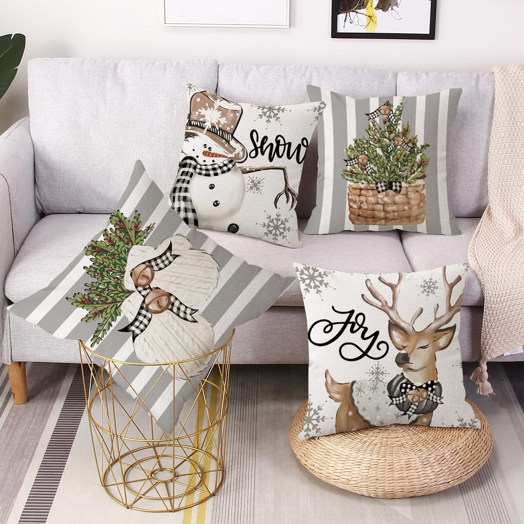 Coeufuedy Christmas Stripe Pillow Covers 18x18 Inch Set of 4 Snowman Reindeer Gloves Eucalyptus Winter Holiday Decorative Farmhouse Cushion Covers for Sofa Couch Living Room