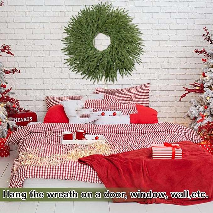 26 Inch Christmas Wreaths for Front Door Real Touch Norfolk Pine Wreath Large Artificial Green Wreath Indoor Outdoor Farmhouse Front Door Holiday Decoration Winter Home Hanging Xmas Decor