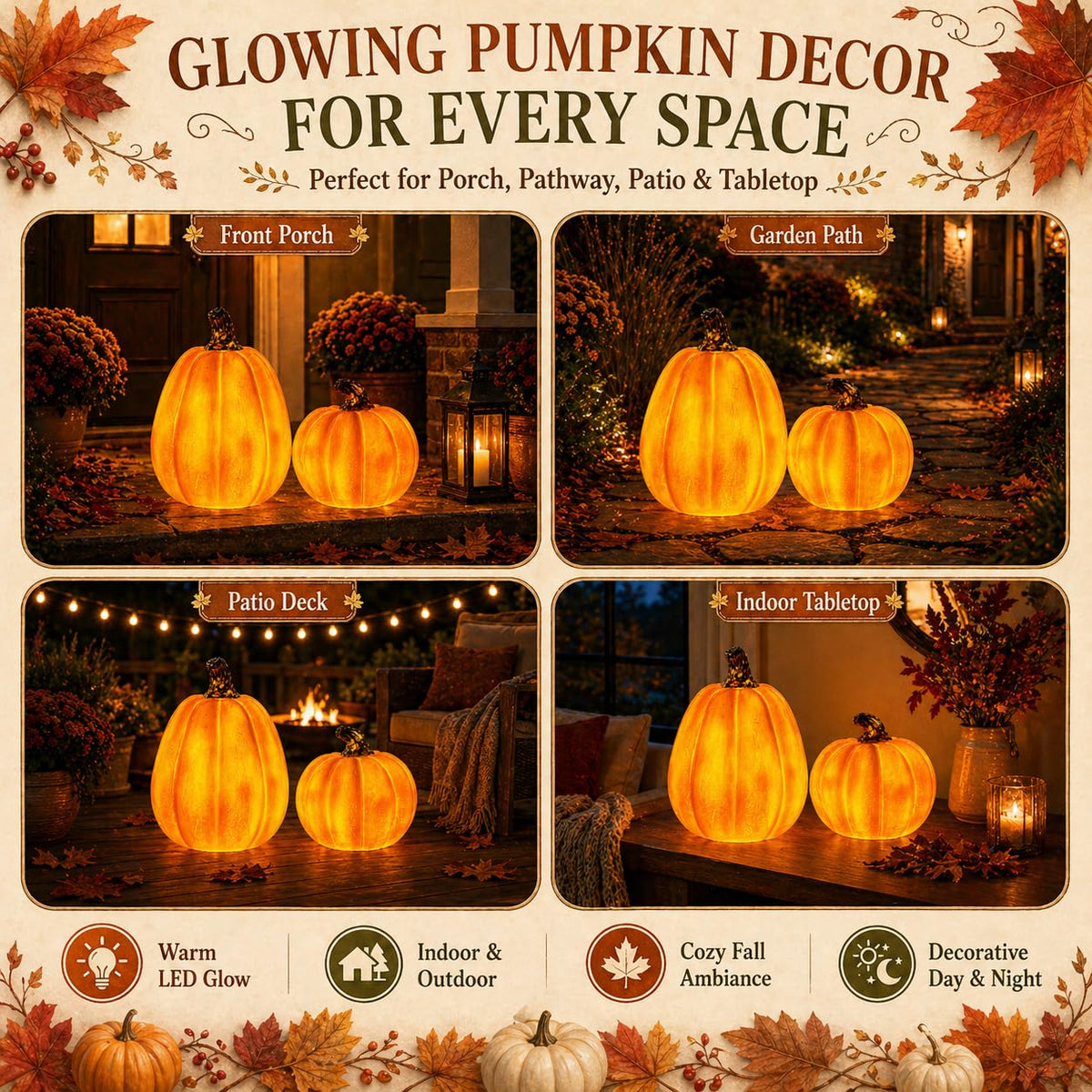 Solar Lighted Pumpkin Decor Outdoor Fall Porch Decorations for Halloween Thanksgiving Outdoor Pumpkin Lights LED Glowing Resin Pumpkins Set of 2 for Porch Patio Yard Garden Tabletop