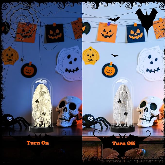 Halloween Decorations-Light-Up Skull with Spider Halloween Decor Indoor Cute Skull Tabletop Decor for Party Home Kitchen and Fireplace, 8.46"x4.2" Flickering LED Terror