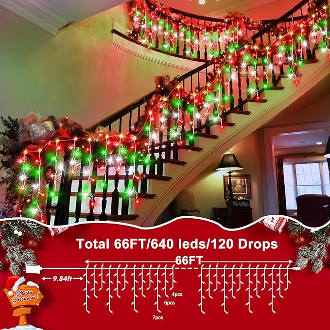 XURISEN 66ft Christmas Lights Decorations Outdoor, 640 LED 8 Modes Curtain Fairy Lights with 120 Drops,Plug in Waterproof Timer Memory Function for Christmas Holiday Wedding Party Decor