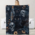 Goth Skull Blanket for Boys Kids Men Women, Flannel Skeleton Blankets Gifts, Halloween Black Cat Skull Throw Blanket for Sofa Couch Bed Living Room Soft Warm Cozy Gothic Decor 60" x 50"