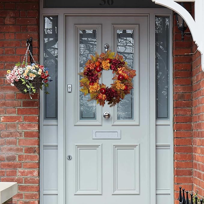 20 Inch Autumn Wreaths for Front Door Fall Wreaths for Thanksgiving & Halloween & Harvest Festival Indoor/Outdoor Fall Decorations with Apples Pomegranates Maple Leaves