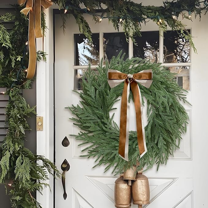 Christmas Decorations -24 Inch Christmas Wreath, Norfolk Pine Wreath, Christmas Wreaths for Front Door, Christmas Door Wreath with Bow Ribbon for Home Table Wall Window Indoor Outdoor
