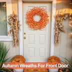 26 Inch Realistic Fall Wreaths for Front Door Outside Autumn Wreath Outdoor Indoors Fall Decorations for Home Thanksgiving Halloween Holiday Decorations Clearance for Wall Porch Door (Orange)