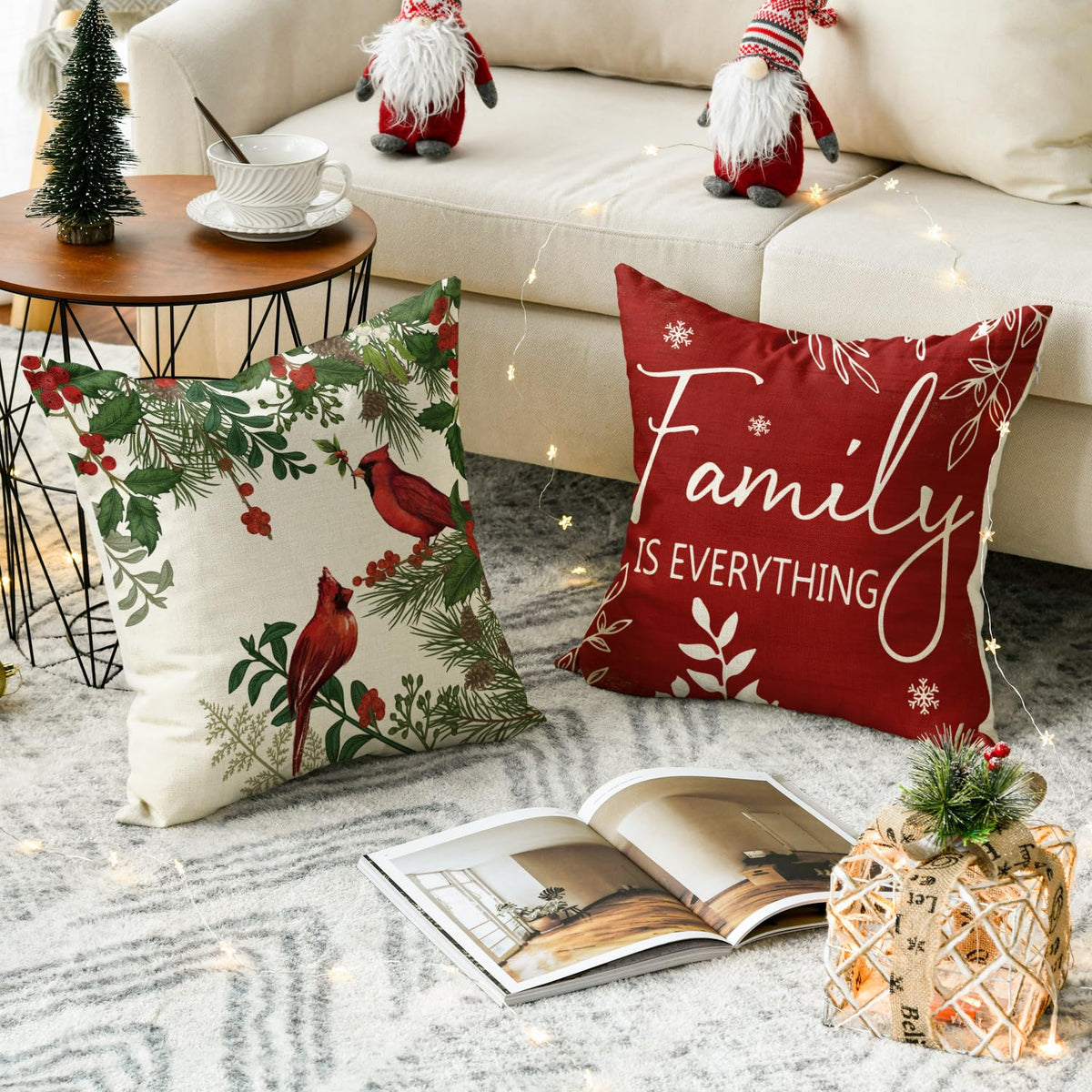 AVOIN colorlife Christmas Cardinal Home Sweet Home Poinsettia Holly Berries Throw Pillow Covers, 18 x 18 Inch Family is Everything Winter Holiday Cushion Case Decoration for Sofa Couch Set of 4