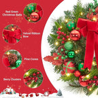 Christmas Wreath for Front Door, 22 Inch Large Outdoor Christmas Wreath, Lighted Xmas Wreath with Red Green Ball Ornaments Velvet Bow and 30 LED Lights for Fireplace Window Holiday Decor