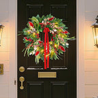Christmas Wreath with Lights,Outdoor Pre-lit Christmas Wreaths for Front Door-24 Inch Xmas Door Wreath with Pine Needles Pine Cones and Red Berries- Farmhouse Home Christmas Decorations