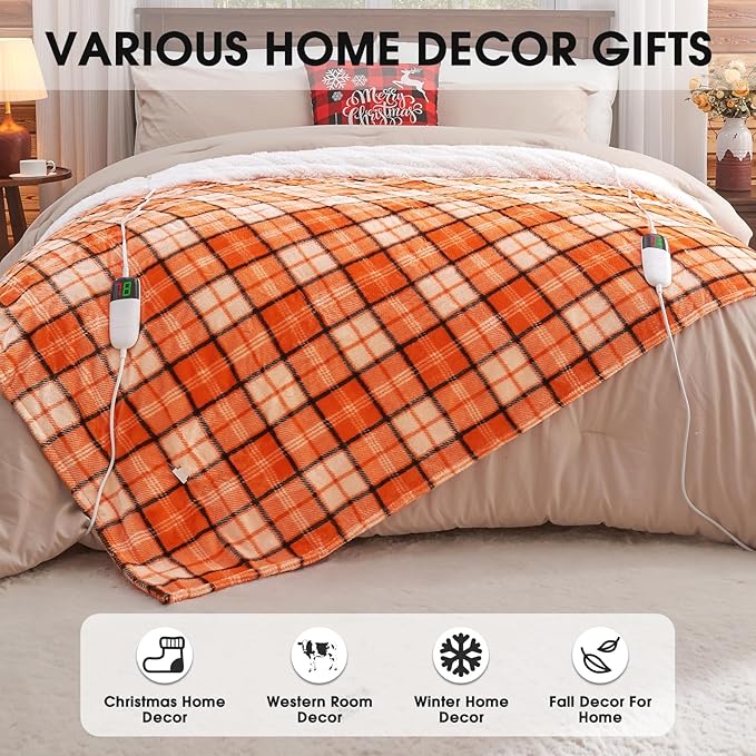 OCTROT Heated Electric Blanket Queen Size, 84X90 Heating Blanket Queen with Dual Control&10 Heats Levels&Timer for Bed,Orange Plaid Sherpa Blankets Warmer Gift for Grandma Women Halloween Home Decor