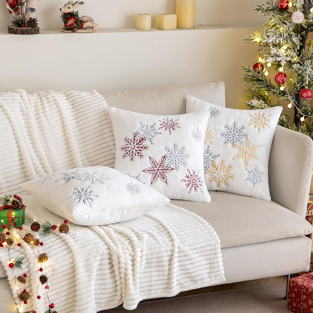 MIULEE Pack of 2 Christmas Decorative Throw Pillow Covers Soft Faux Fur Pillow Cases with Embroidery Snowflake Winter Cute Pillowcases Holiday Decor for Couch Sofa Bedroom, 18×18 Inch, Burgundy